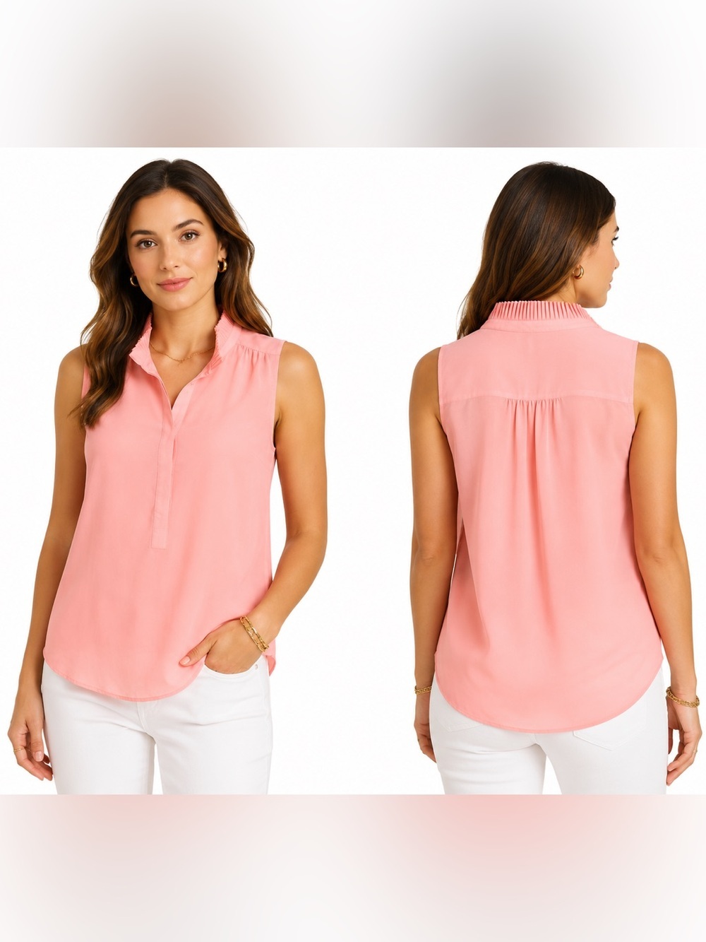 J. Crew Light Pink Pleated Ruffle Collar Sleeveless Blouse Size 6 feminine chic
